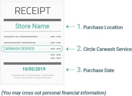 1. Purchase Location, 2. Circle Carwash Service, 3. Purchase Date (you may cross out personal info)